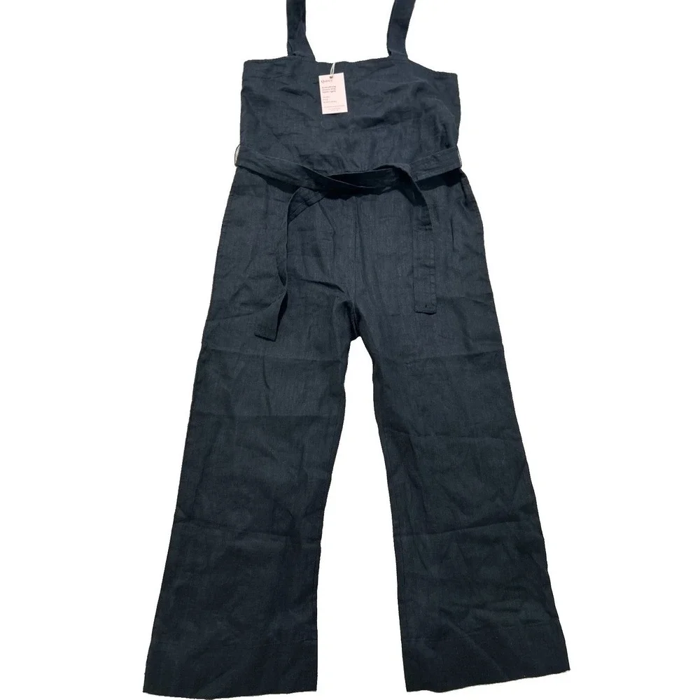 NEW Quince Women's S 100% European Linen Square Neck Jumpsuit Black